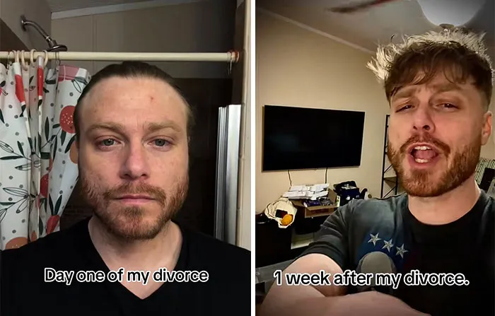 Before and after photos of a man showing noticeable changes one week after his divorce, highlighting divorce effect transformation.