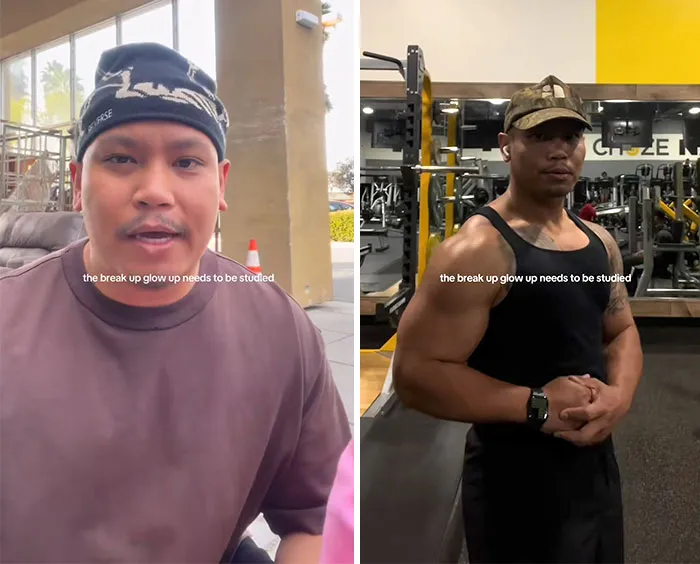 Before and after photos of a man showing a dramatic divorce effect transformation with improved fitness and confidence.