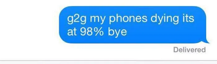 Text screenshot showing a humorous message about a phone dying at 98%, part of hilarious text screenshots collection.