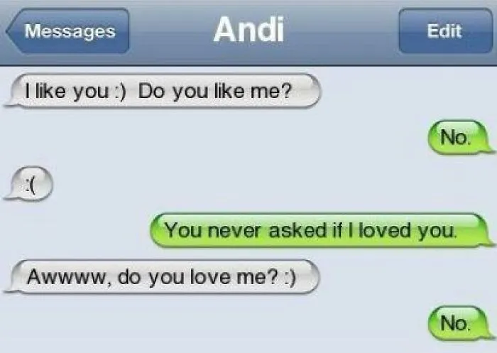 Funny text screenshot showing a playful conversation about love and rejection that might make you laugh today.
