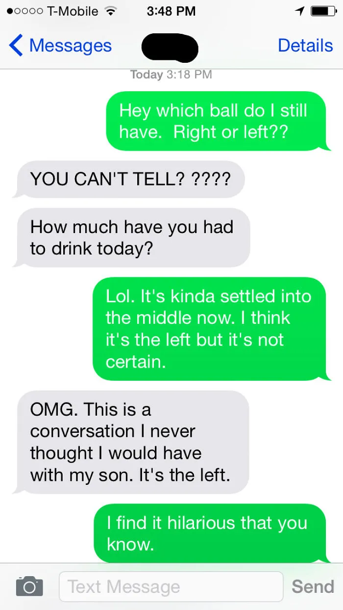 Text screenshot of a funny conversation between parent and child about figuring out which ball is left or right.