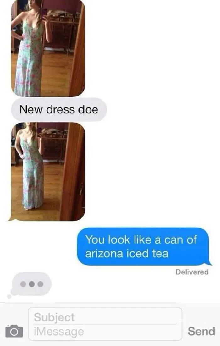 Woman shows new dress in text screenshot, followed by a hilarious reply comparing it to Arizona iced tea can.