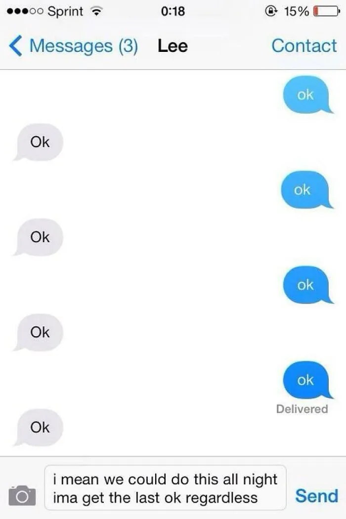 Text conversation filled with repetitive ok messages, showcasing a hilarious text screenshot that might make you laugh today.