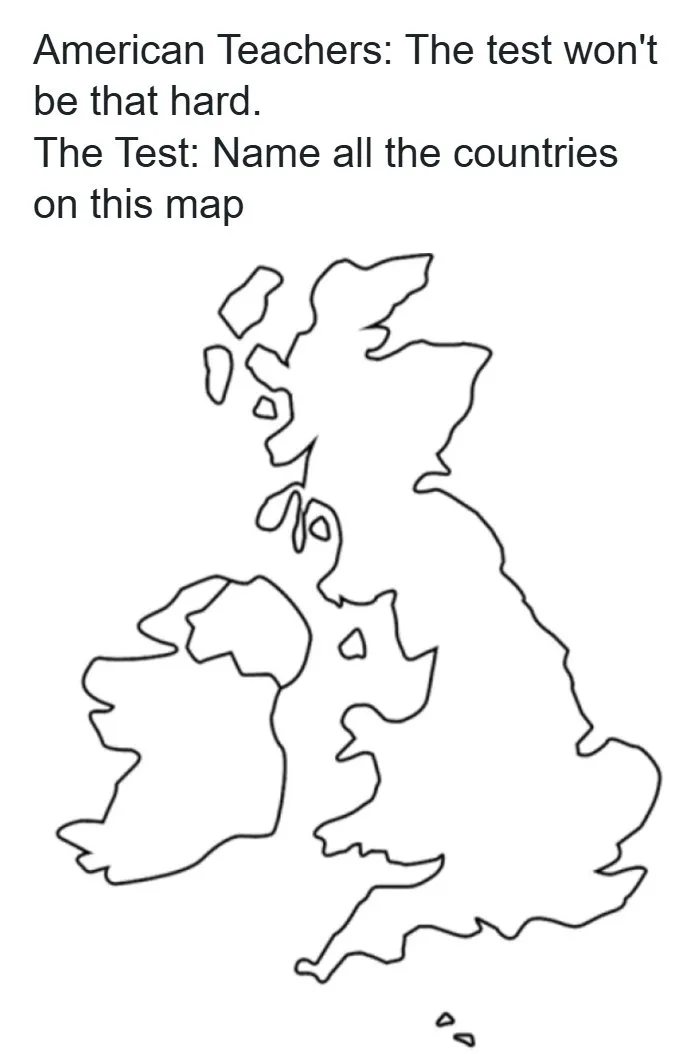 Outline map of the British Isles with text about a geography test naming all countries shown on the map.