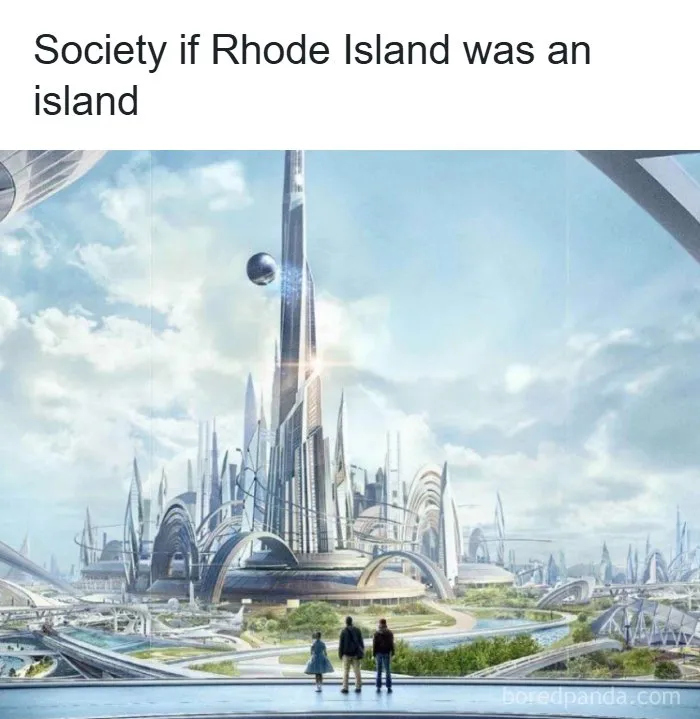 Futuristic cityscape imagining Rhode Island as an island, showcasing geography themed funny and silly memes.