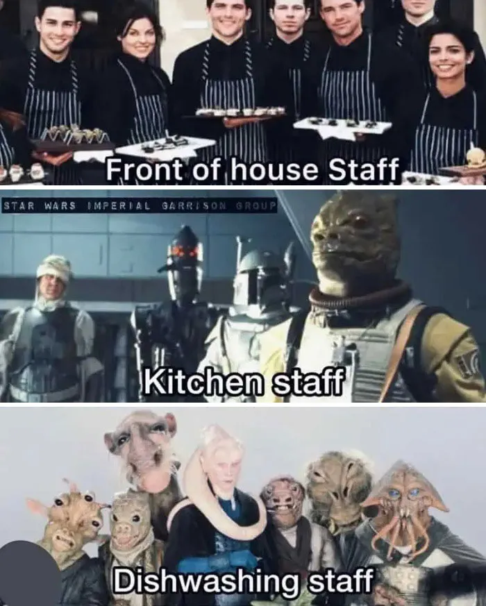 Funny and relatable science fiction nerds meme showing different Star Wars characters as restaurant staff roles.
