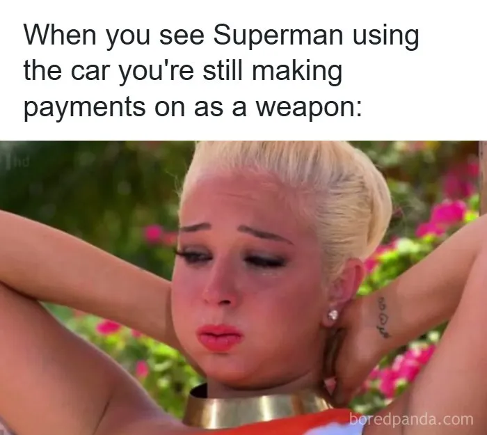 Woman with a stressed expression relates to funny and relatable memes for science fiction nerds about superhero weapon use.