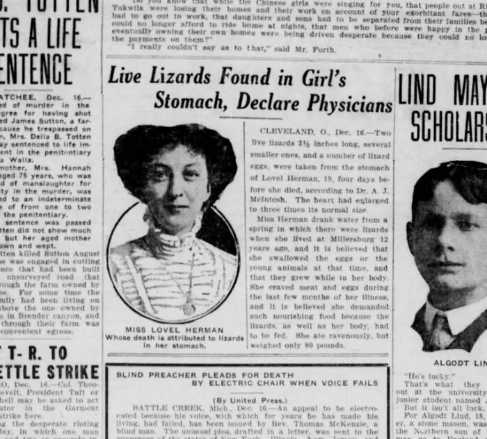 Vintage newspaper clipping shows headline about live lizards found in stomach, highlighting strange autopsy findings that shocked doctors.