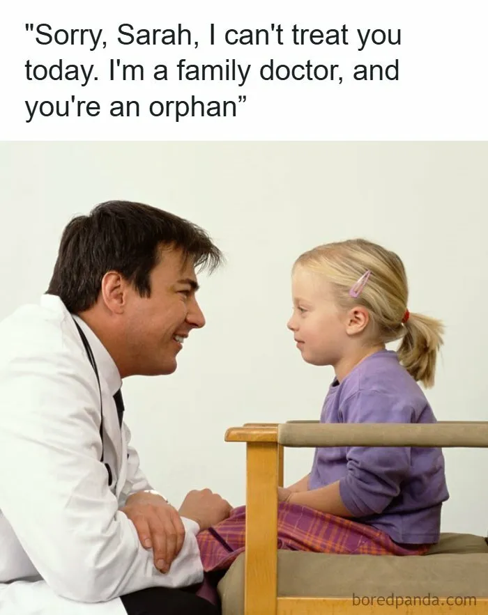 Doctor in white coat talking to a young girl, illustrating a healthcare meme related to family doctors and patient care.
