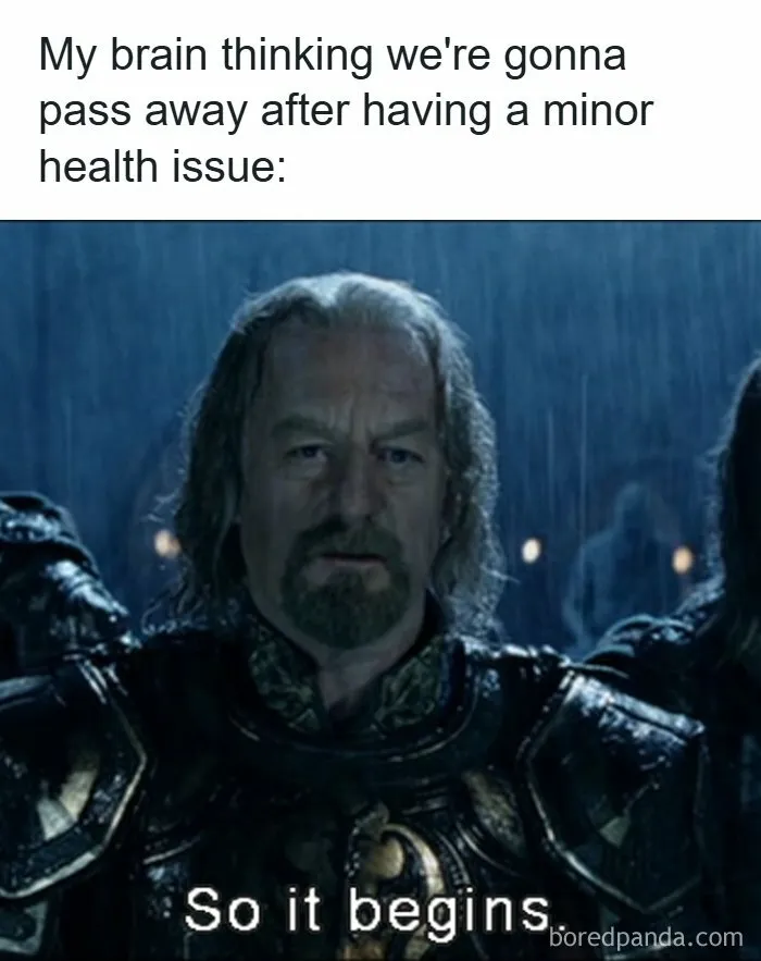 Medieval warrior meme illustrating healthcare anxiety with caption about minor health issues, healthcare memes humor.
