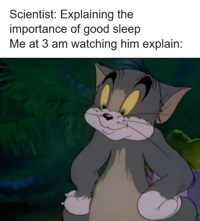 A healthcare meme showing Tom from Tom and Jerry staying awake at 3 am, highlighting the humor in healthcare topics.