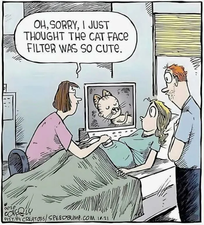 Cartoon showing a woman in labor with a cat face filter on the ultrasound, a nurse and partner looking surprised.