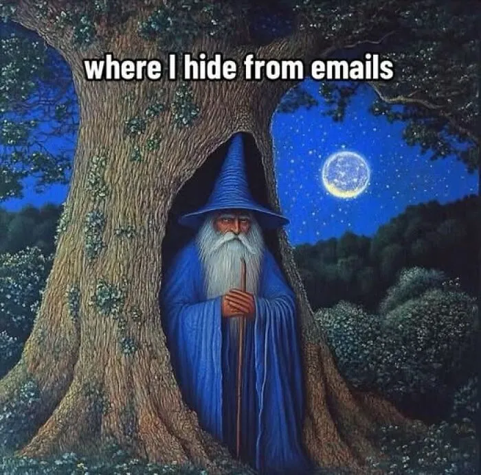 Wizard hiding in a tree at night with a caption about escaping emails, a meme to lighten your mood and ease annoyance.