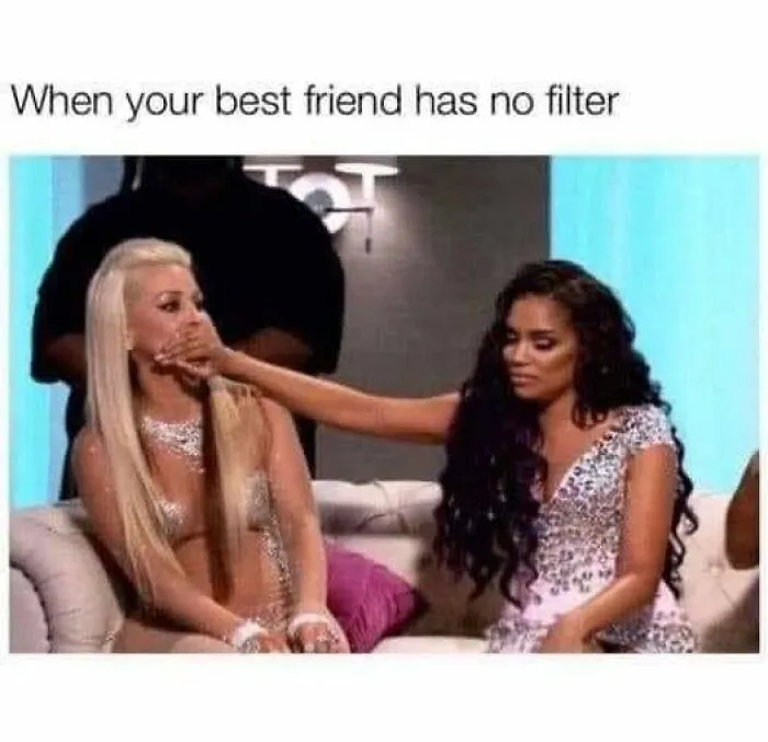 Two women sitting on a couch, one covering the other's mouth, a humorous meme to lighten your mood with funny moments.