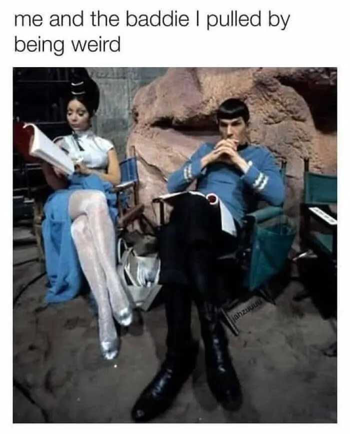 Two people sitting with serious expressions, caption about pulling a baddie by being weird in mood-lightening memes.