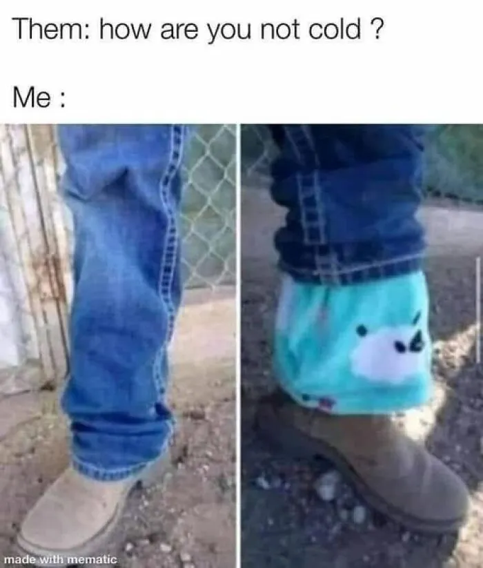Close-up of jeans and boots showing warm polar bear pajama pants, a meme to lighten your mood when everything is annoying.