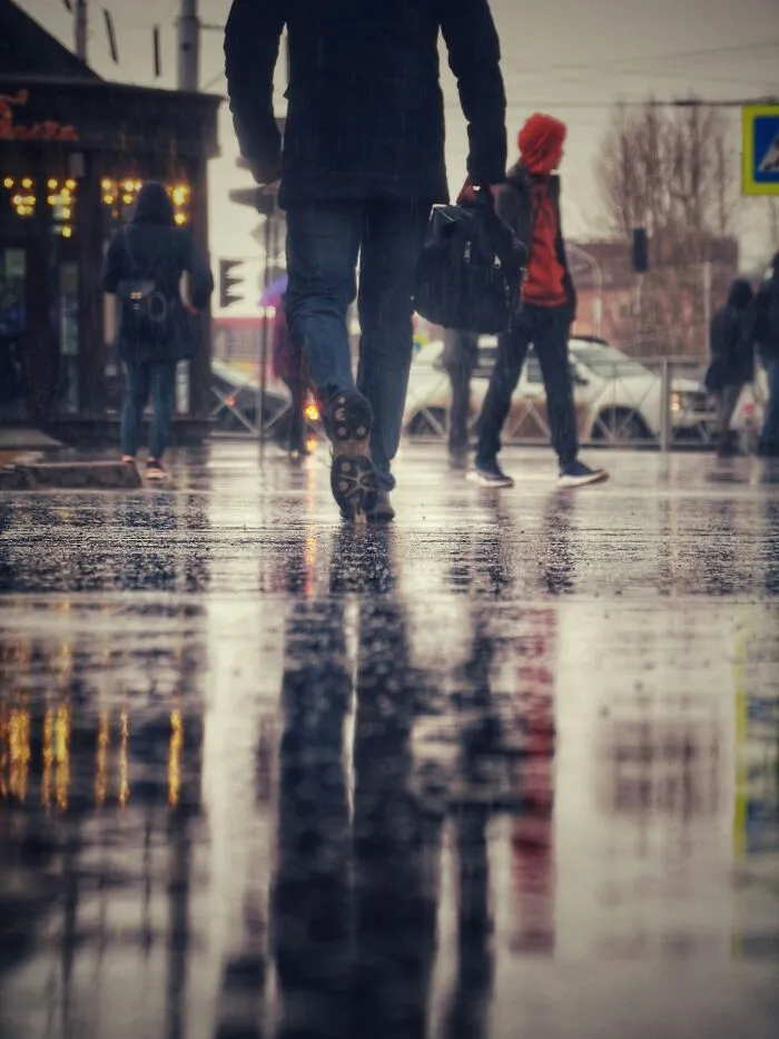 People walking on a wet city street reflecting lights and figures, illustrating well-known facts that are actually fake.