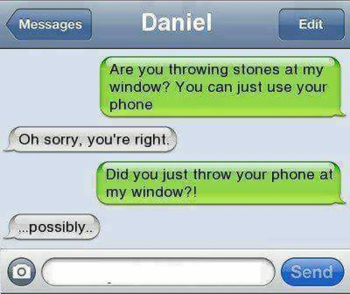 Text message screenshot showing a funny conversation about throwing a phone at a window, highlighting hilarious texts.