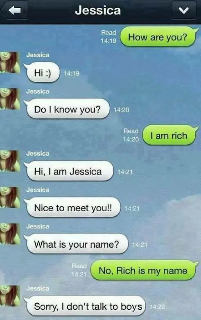 Text message exchange showing a hilarious conversation that is too funny to delete with a misunderstanding about the name Rich.