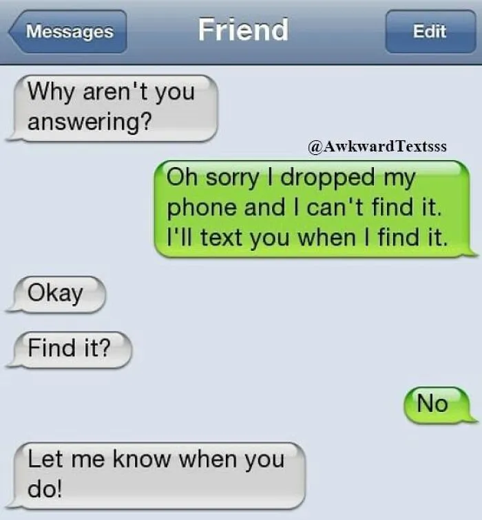 Text message conversation showing humorous exchange about losing a phone, highlighting hilarious texts and screenshot comedy.