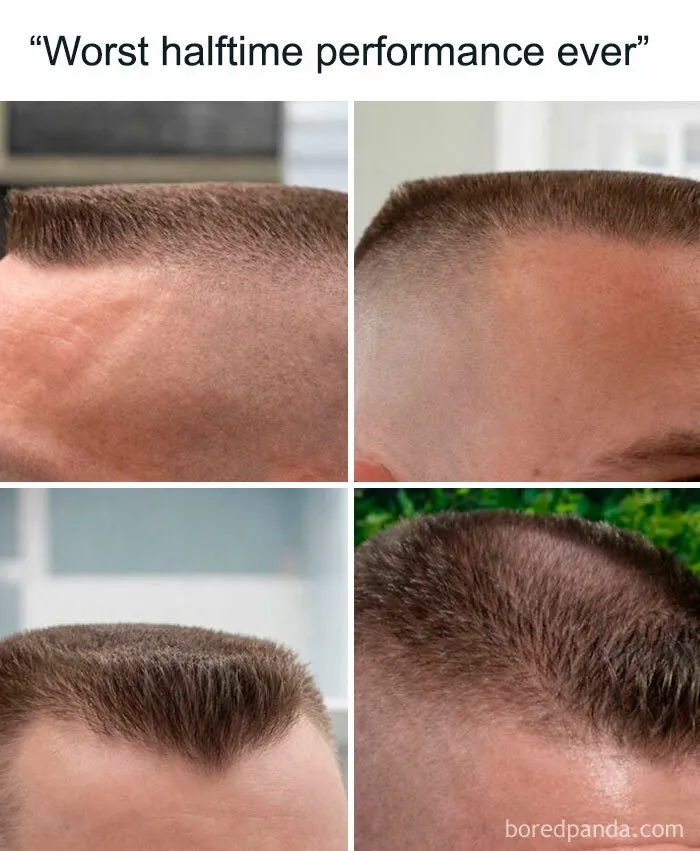 Close-up collage of flat top hairstyles used as memes reacting to Super Bowl LX halftime show.