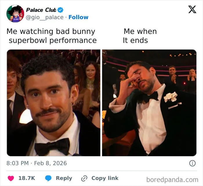 Man in tuxedo showing mixed reactions before and after watching Super Bowl Lx halftime show performance.
