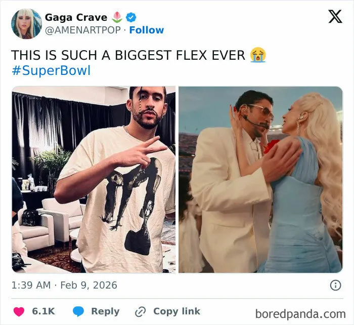 Tweet showing split image of a man in casual wear and performers embracing during Super Bowl Lx halftime show reactions and memes.