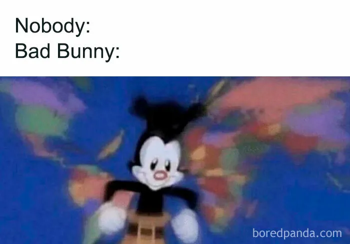 Animated character with blurred motion in front of a colorful background, illustrating funny reactions and memes to Super Bowl halftime show.