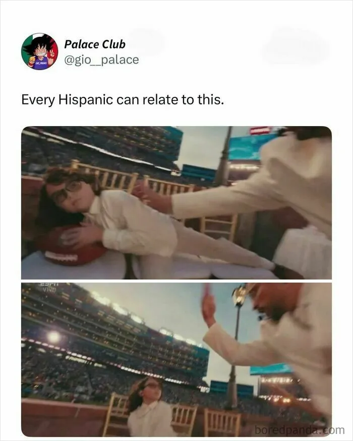 Meme reaction from Super Bowl Lx halftime show with humorous moment involving a child and football at stadium event.