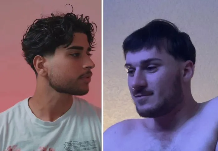 Side-by-side photos of two men showing contrast in hairdresser results causing hair trauma and style disappointment.