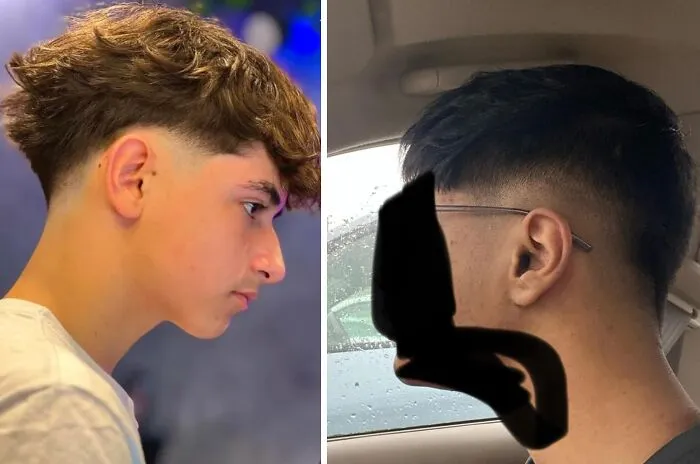 Side-by-side images of men with different hairstyles showing hairdresser cuts that could cause hair trauma.