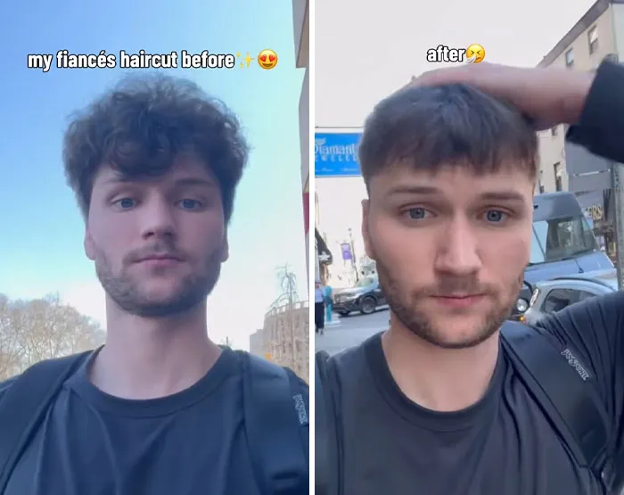 Side-by-side photos showing a man before and after a haircut disaster that traumatized him and others by hairdressers.