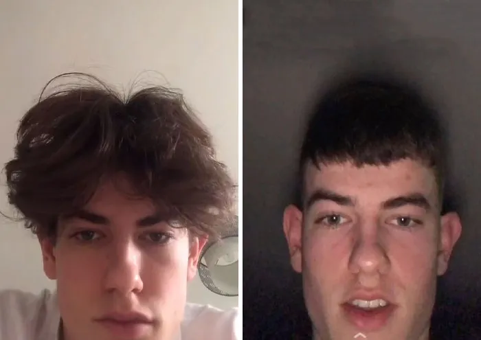 Before and after images showing a man’s hair transformation that caused shock and hairdresser-related trauma.