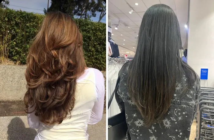 Side-by-side comparison of two women showing hairdresser results with different hair length and styles indoors and outdoors.