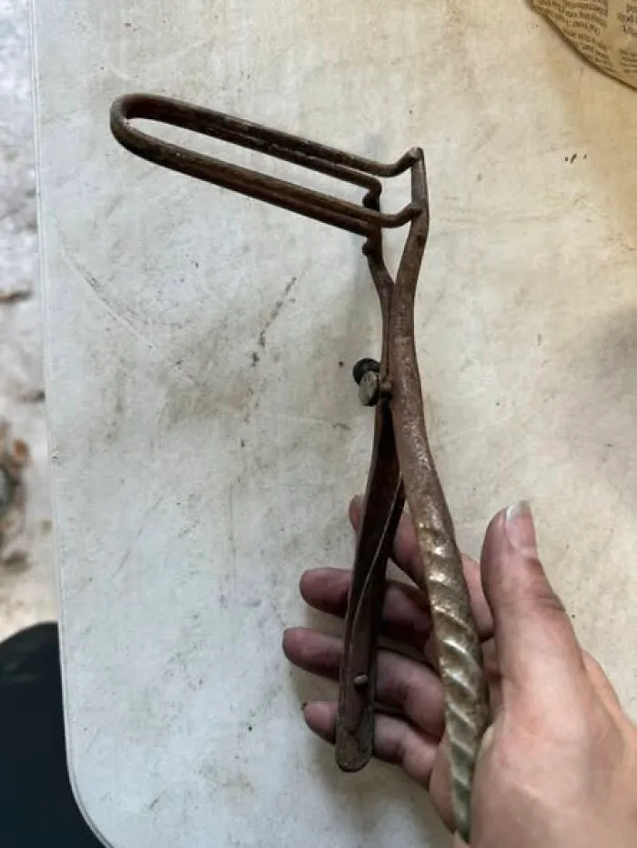 Hand holding a rusty vintage tool, one of the unidentified objects the internet helped solve the mystery of.