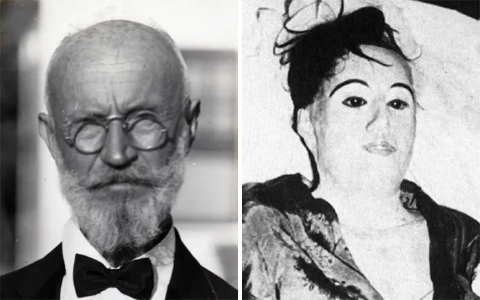Black and white photo of an elderly man in a tuxedo and a woman wearing a mask, illustrating crazy things people did for love.