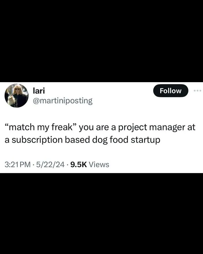 Twitter post by user lari about being a project manager at a subscription-based dog food startup in unhinged and wild posts.