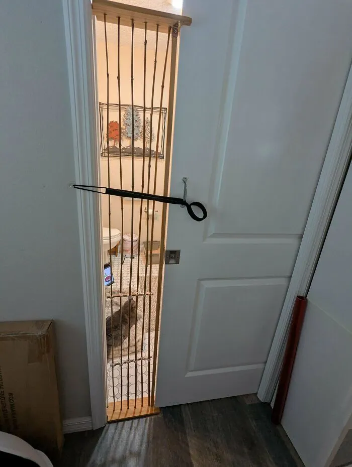 Homemade redneck engineering door barrier with wooden slats and a metal hook latch to block access to a bathroom doorway.