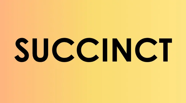 Succinct word displayed in bold black letters on a gradient orange to yellow background for smart people vocabulary.