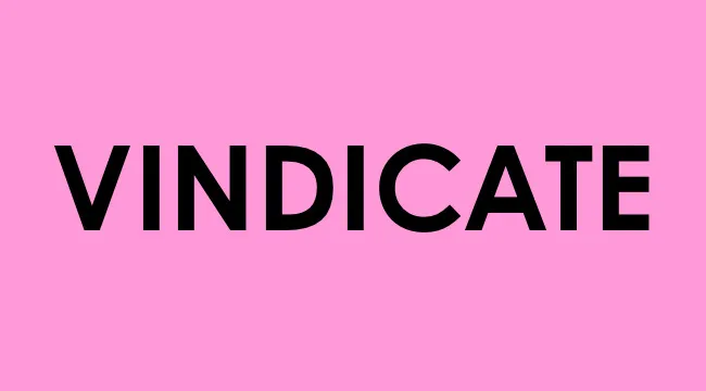 Vindicate displayed in bold black letters on a pink background representing smart people words vocabulary.