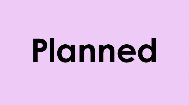 The word Planned displayed in bold black text on a light purple background for vocabulary meaning.