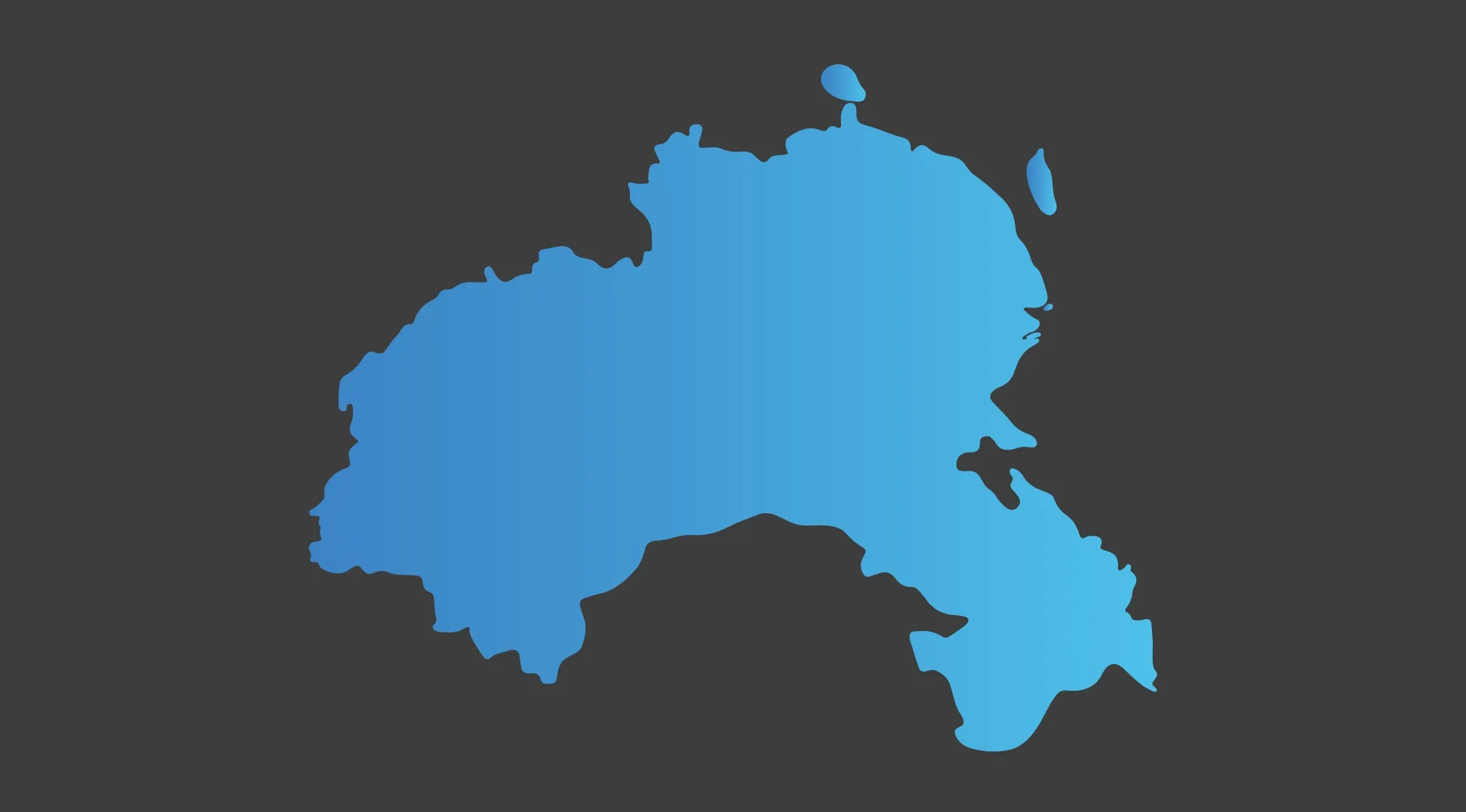 Reflected map silhouette in blue on dark background for guess the country from the crazy map puzzle.