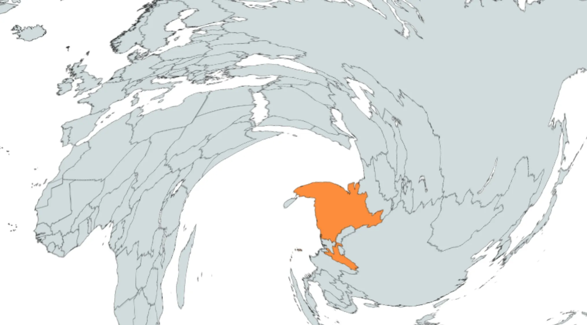 Twisted map showing a highlighted country in orange for guess the country from the crazy map part 4 challenge.