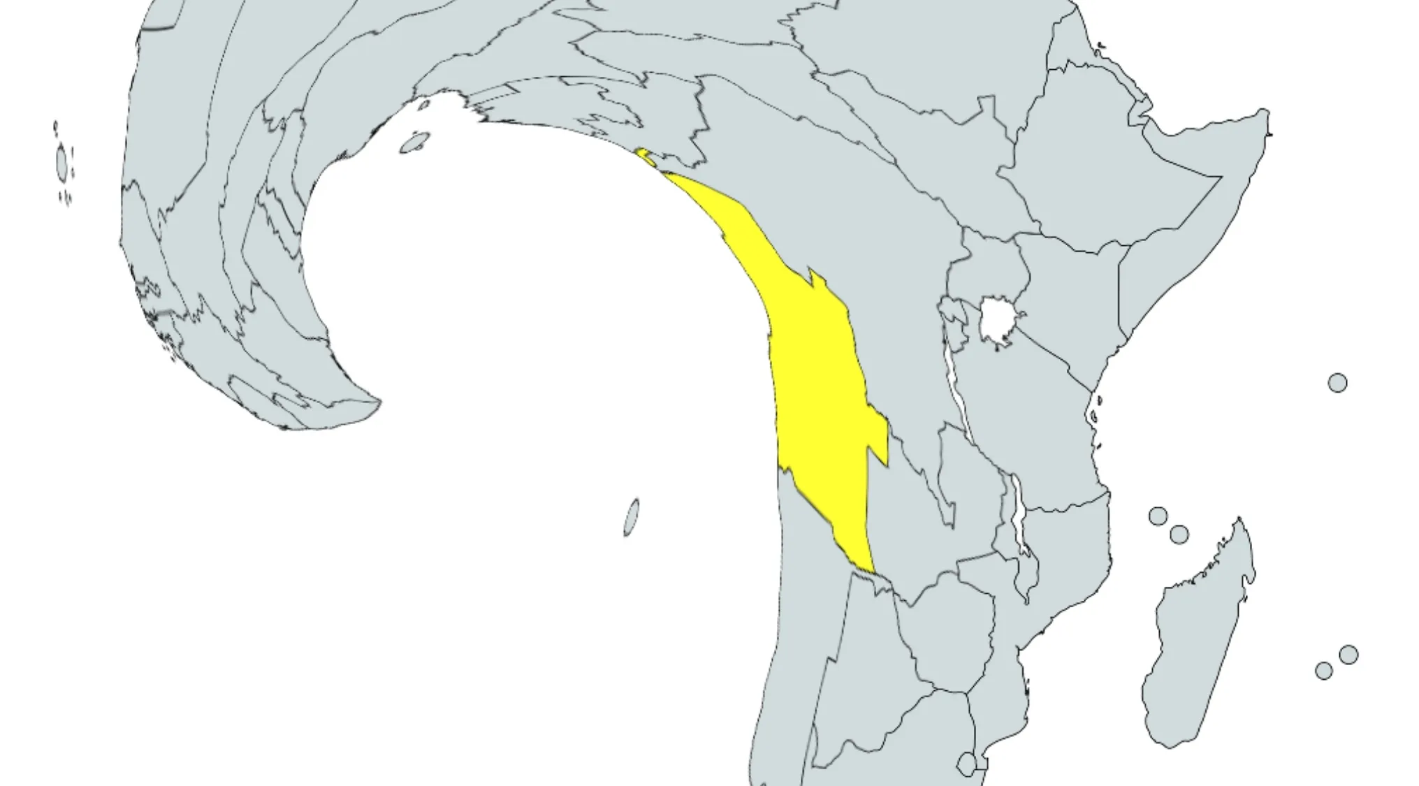 Twisted map highlighting a distorted country shape in Africa to guess the country from the crazy map challenge.