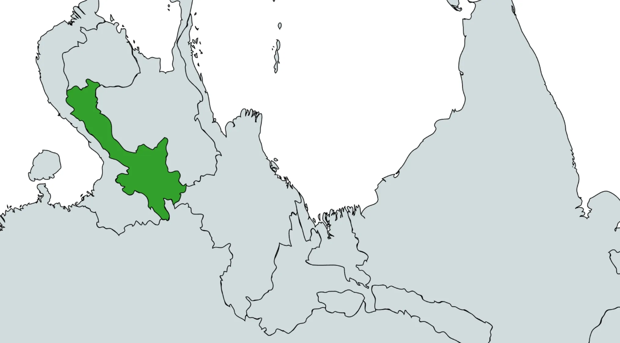 Map highlighting a green country in the corner for the guess the country from the crazy map challenge part 4.