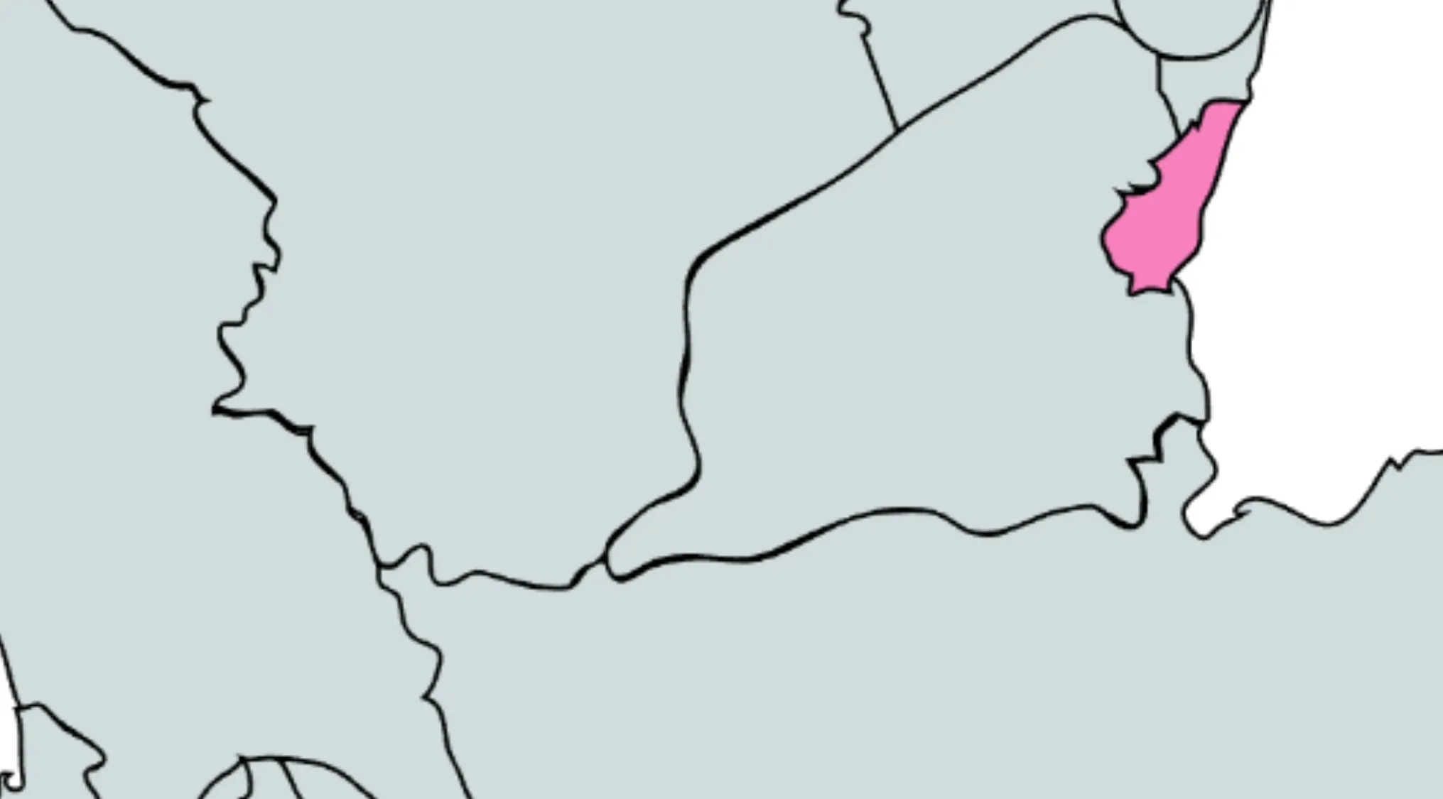 Map highlighting a country in pink at the corner, part of guess the country from the crazy map challenge.