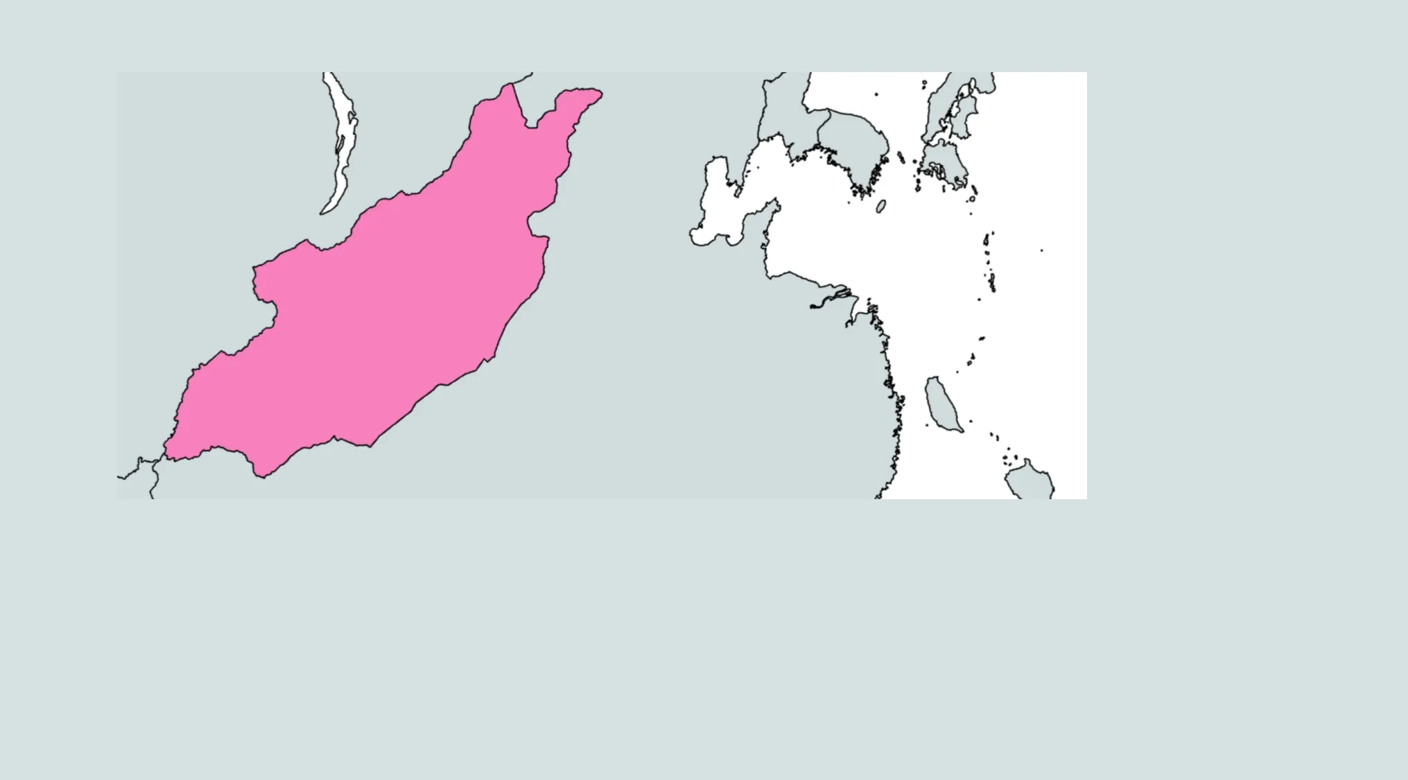 Map highlighting a country in pink on a partial regional outline for guess the country from the crazy map challenge.