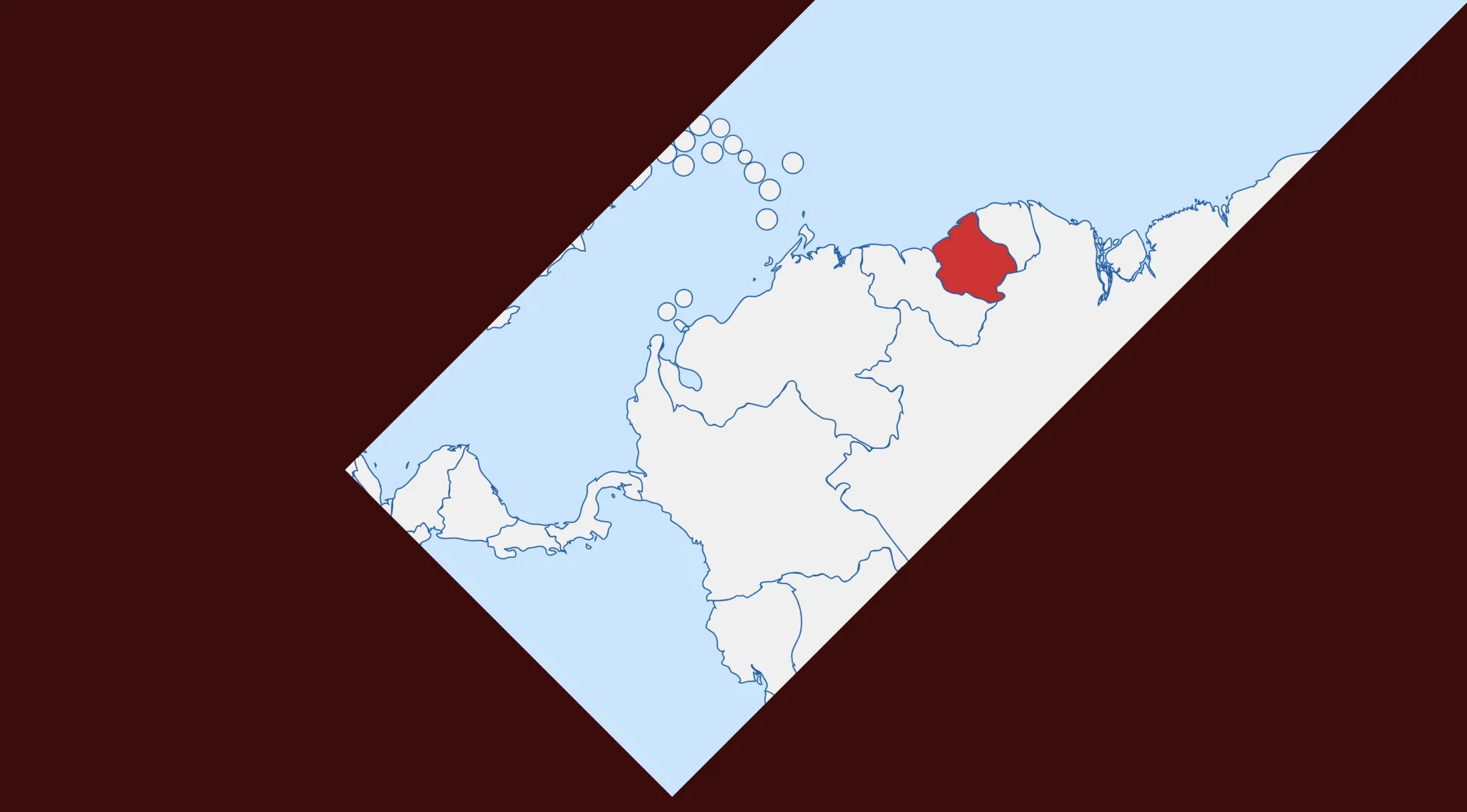 Partial map with a highlighted country in red for the Guess The Country From The Crazy Map challenge.