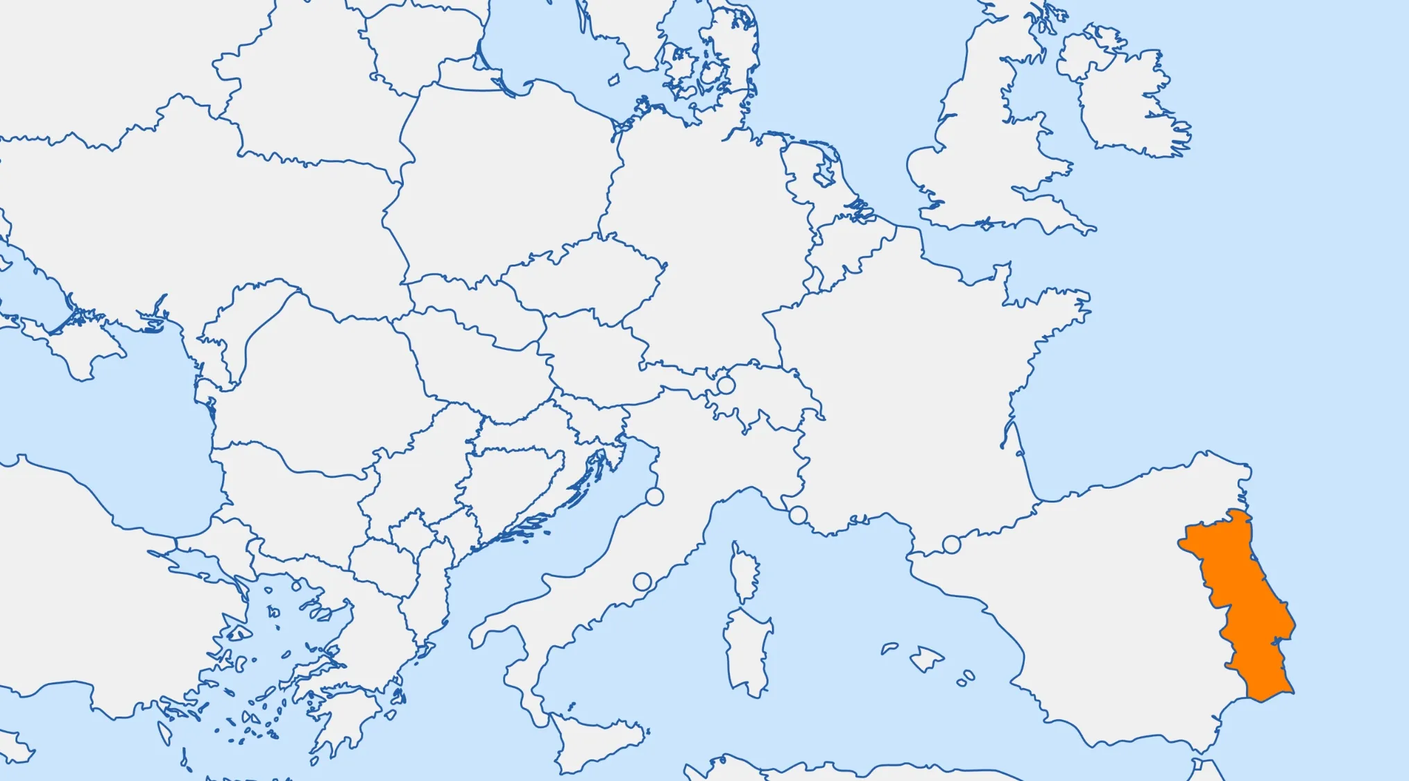 Mirrored map of Europe with an orange highlighted country on the east coast of Spain for guess the country challenge.