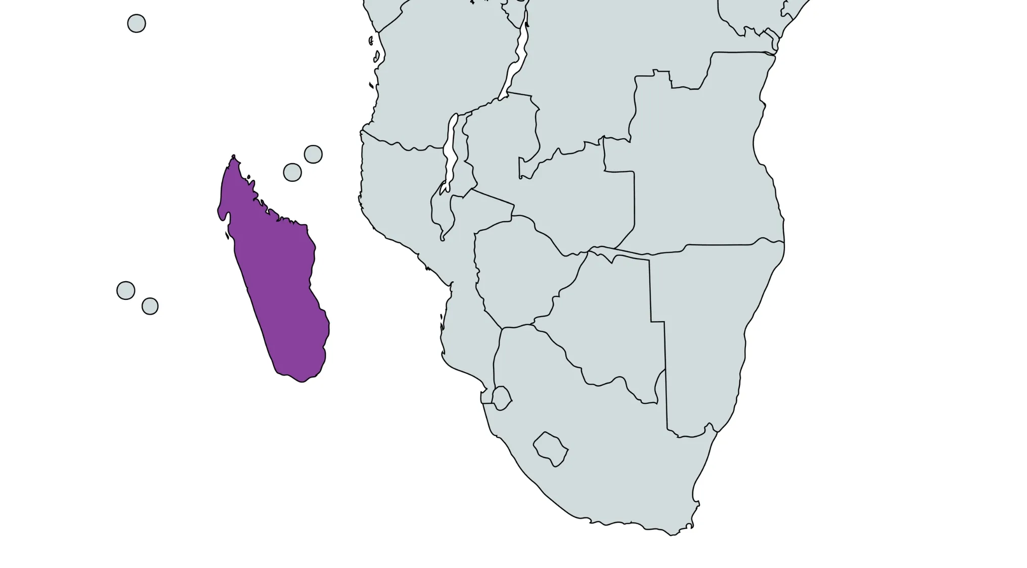 Mirrored map highlighting a country in purple off the southeastern coast of Africa for a guess the country quiz.